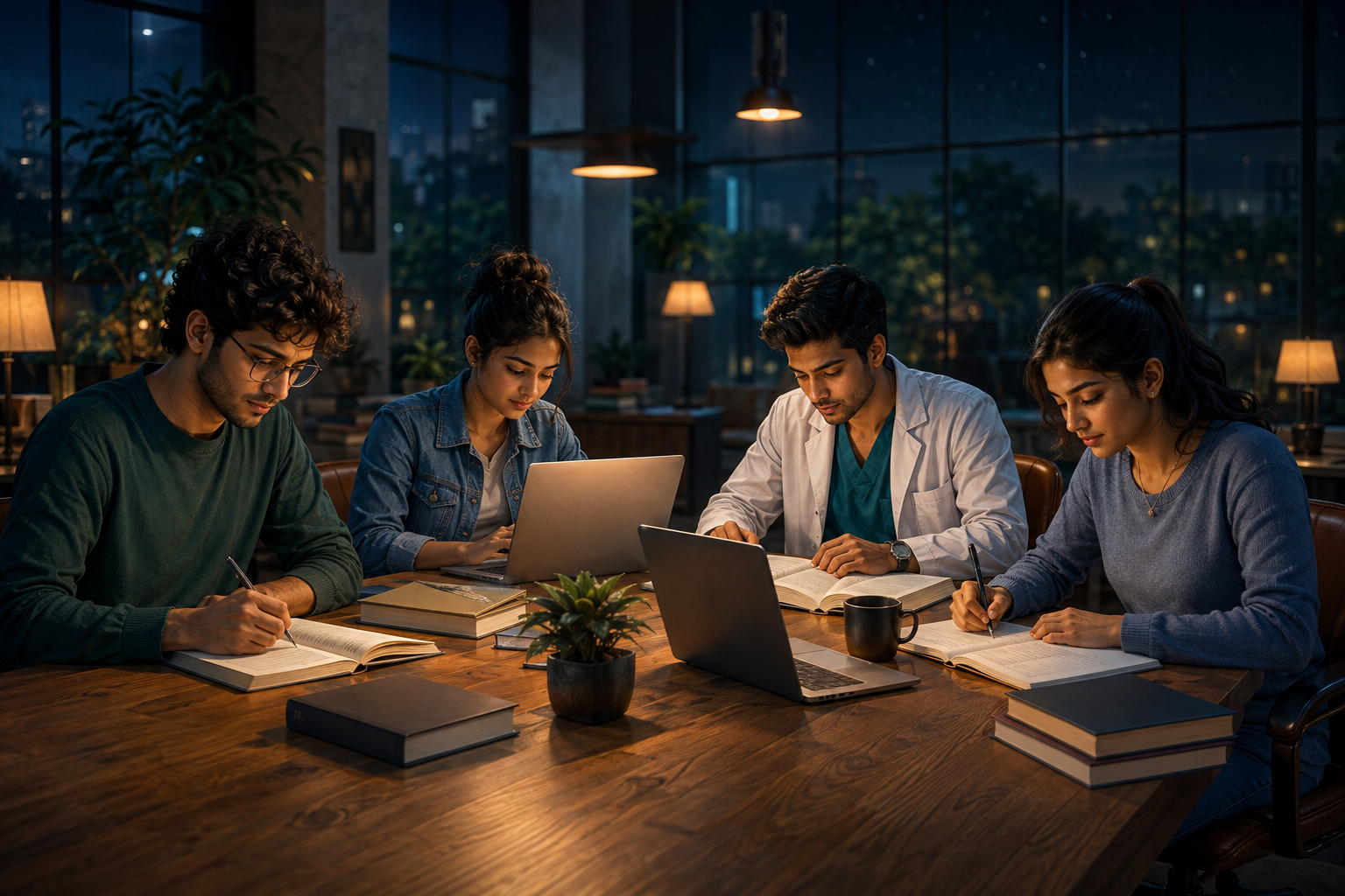 Illustrated concept of four college students sharing a quiet evening study table
